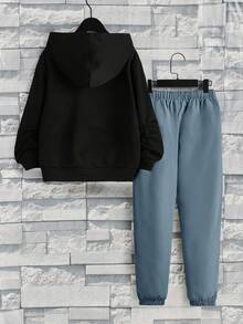 SHEIN Tween Boy Tiger & Slogan Graphic Hoodie & Drawstring Waist Pants - Dusty Blue - View 2