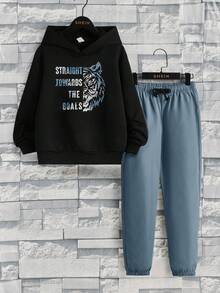 SHEIN Tween Boy Tiger & Slogan Graphic Hoodie & Drawstring Waist Pants - Dusty Blue - View 4