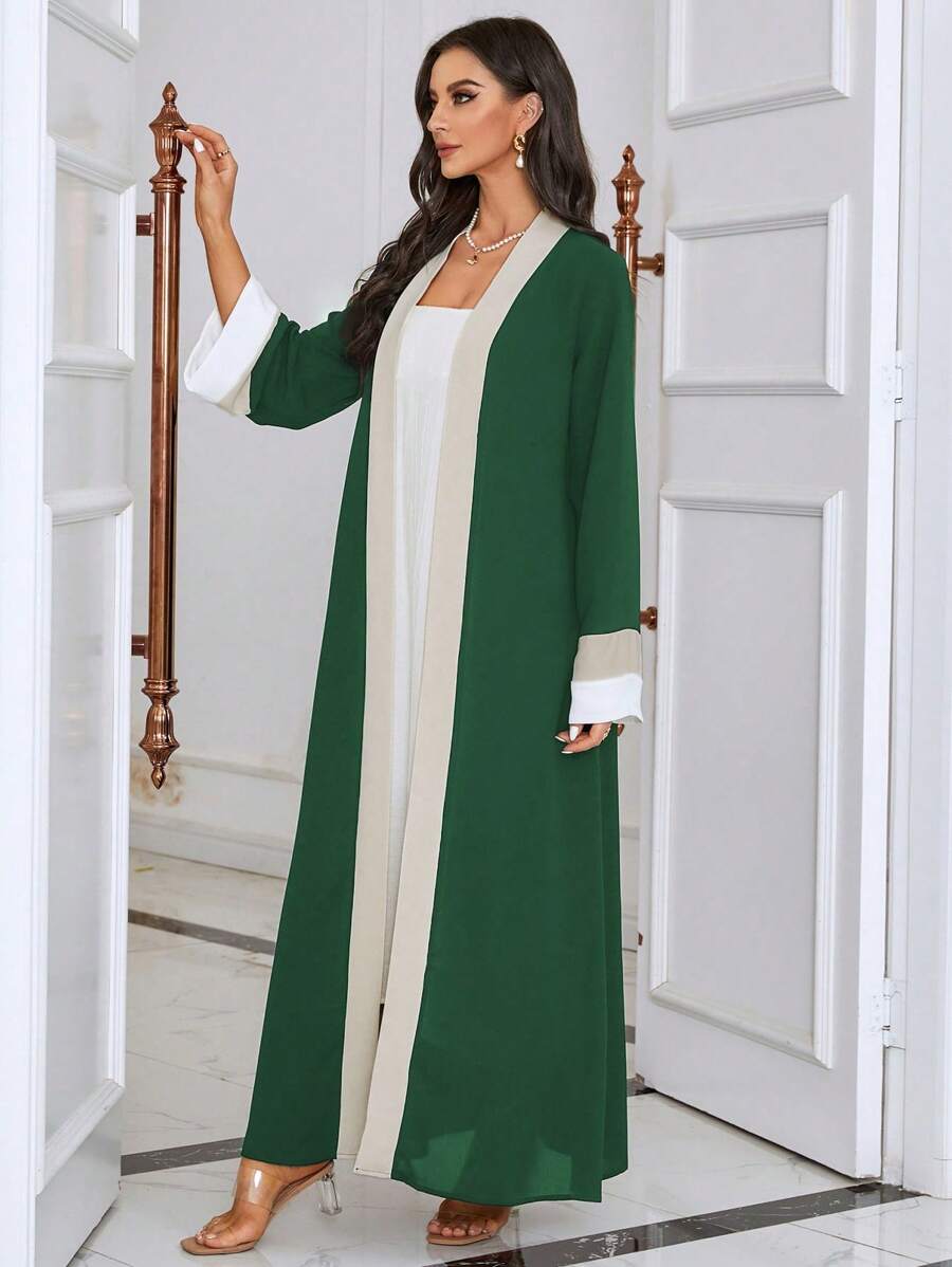 Al Najma Colourblock Contrast Trim Open Front Abaya - Dark Green - View 1