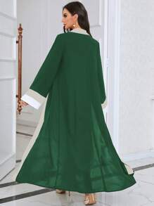 Al Najma Colourblock Contrast Trim Open Front Abaya - Dark Green - View 2