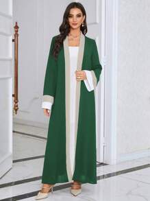 Al Najma Colourblock Contrast Trim Open Front Abaya - Dark Green - View 5