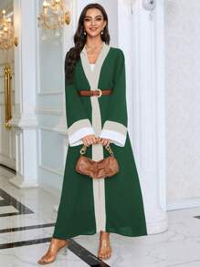 Al Najma Colourblock Contrast Trim Open Front Abaya - Dark Green - View 6