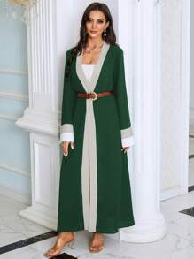 Al Najma Colourblock Contrast Trim Open Front Abaya - Dark Green - View 7
