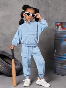 SHEIN Cô Gái Trẻ Chi tiết về Flap Tay Raglan Một nửa khóa kéo Áo len & Quần nỉ - Màu xanh nhạt - Xem 1