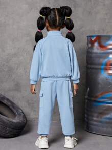 SHEIN Cô Gái Trẻ Chi tiết về Flap Tay Raglan Một nửa khóa kéo Áo len & Quần nỉ - Màu xanh nhạt - Xem 2