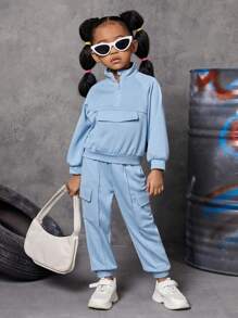 SHEIN Cô Gái Trẻ Chi tiết về Flap Tay Raglan Một nửa khóa kéo Áo len & Quần nỉ - Màu xanh nhạt - Xem 3