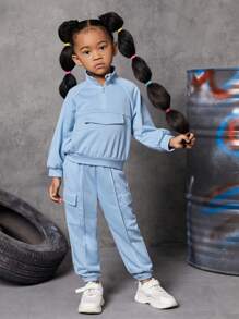 SHEIN Cô Gái Trẻ Chi tiết về Flap Tay Raglan Một nửa khóa kéo Áo len & Quần nỉ - Màu xanh nhạt - Xem 4