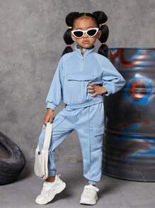 SHEIN Cô Gái Trẻ Chi tiết về Flap Tay Raglan Một nửa khóa kéo Áo len & Quần nỉ - Màu xanh nhạt - Xem 5