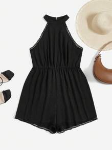 SHEIN VCAY Plus Swiss Dot Halter Neck Romper Without Belt - Black - View 1