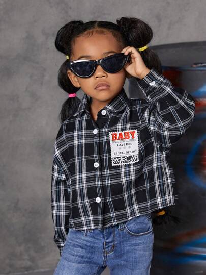 SHEIN Young Girl Plaid Print Drop Shoulder Letter Patched Detail Shirt