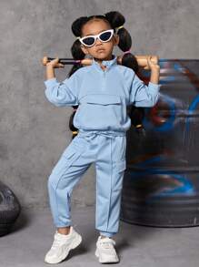 SHEIN Cô Gái Trẻ Chi tiết về Flap Tay Raglan Một nửa khóa kéo Áo len & Quần nỉ - Màu xanh nhạt - Xem 6