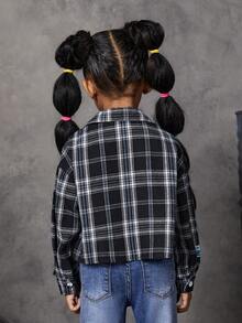 SHEIN 休閒前紐扣 貼布字母 格子女童（小）襯衫 - 黑與白 - 查看 2