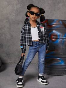 SHEIN 休閒前紐扣 貼布字母 格子女童（小）襯衫 - 黑與白 - 查看 3