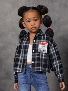 SHEIN 休閒前紐扣 貼布字母 格子女童（小）襯衫 - 黑與白 - 查看 4