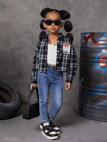 SHEIN 休閒前紐扣 貼布字母 格子女童（小）襯衫 - 黑與白 - 查看 5