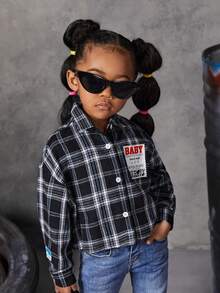 SHEIN 休閒前紐扣 貼布字母 格子女童（小）襯衫 - 黑與白 - 查看 6