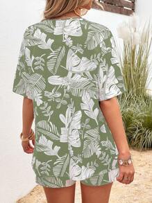 SHEIN LUNE Tropical Print Drop Shoulder Blouse & Shorts - Mint Green - View 2