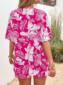 SHEIN LUNE Tropical Print Drop Shoulder Blouse & Shorts - Hot Pink - View 2