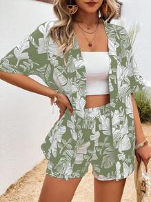 SHEIN LUNE Tropical Print Drop Shoulder Blouse & Shorts - Mint Green - View 3