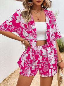 SHEIN LUNE Tropical Print Drop Shoulder Blouse & Shorts - Hot Pink - View 3