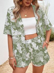 SHEIN LUNE Tropical Print Drop Shoulder Blouse & Shorts - Mint Green - View 5