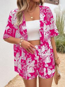 SHEIN LUNE Tropical Print Drop Shoulder Blouse & Shorts - Hot Pink - View 4