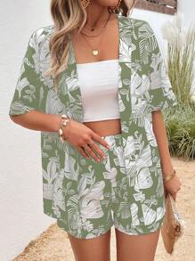 SHEIN LUNE Tropical Print Drop Shoulder Blouse & Shorts - Mint Green - View 6