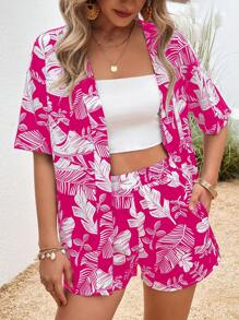 SHEIN LUNE Tropical Print Drop Shoulder Blouse & Shorts - Hot Pink - View 5