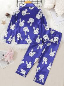 Young Girl Rabbit Print Contrast Piping Satin PJ Set - Navy Blue - View 2