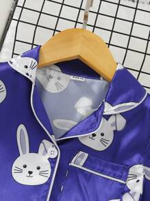 Young Girl Rabbit Print Contrast Piping Satin PJ Set - Navy Blue - View 3