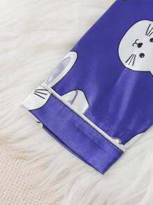 Young Girl Rabbit Print Contrast Piping Satin PJ Set - Navy Blue - View 4