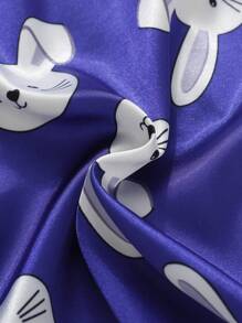 Young Girl Rabbit Print Contrast Piping Satin PJ Set - Navy Blue - View 5