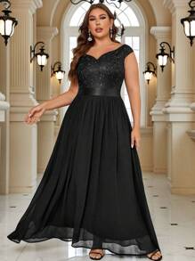 Plus Sweetheart Neck Sequin Insert Contrast Lace Chiffon Evening Party Maxi Formal Dress, Elegant Prom Wedding Guest Dress, For Graduation, Homecoming, Dinner - Black - View 6