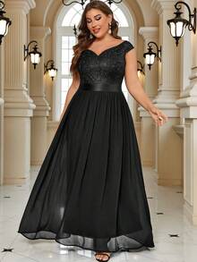 Plus Sweetheart Neck Sequin Insert Contrast Lace Chiffon Evening Party Maxi Formal Dress, Elegant Prom Wedding Guest Dress, For Graduation, Homecoming, Dinner - Black - View 7