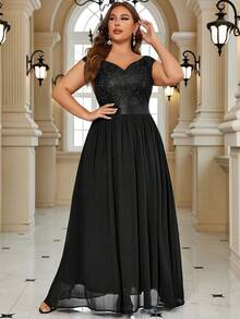 Plus Sweetheart Neck Sequin Insert Contrast Lace Chiffon Evening Party Maxi Formal Dress, Elegant Prom Wedding Guest Dress, For Graduation, Homecoming, Dinner - Black - View 8