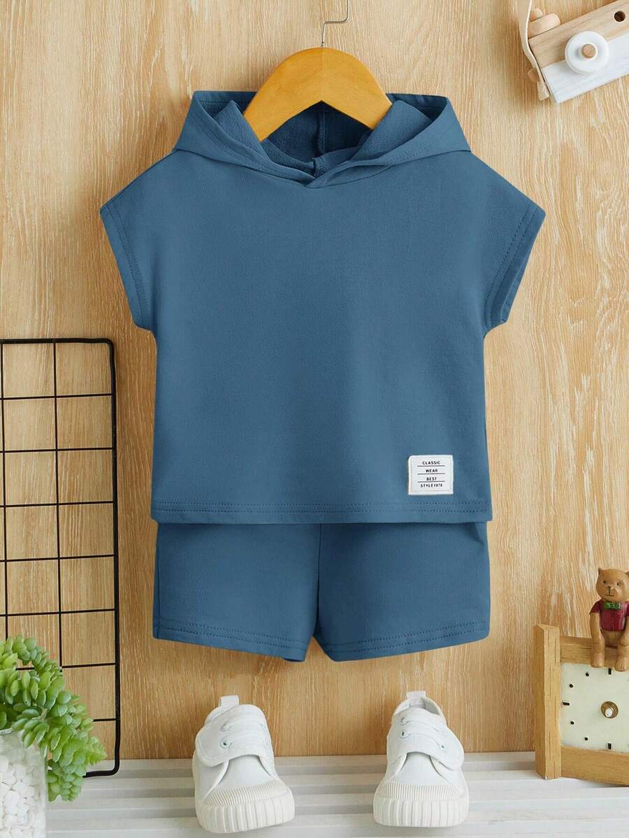 SHEIN Baby Boy Letter Patched Detail Hooded Tee & Shorts - Dusty Blue - View 1