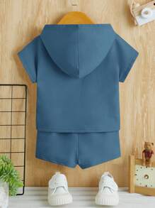SHEIN Baby Boy Letter Patched Detail Hooded Tee & Shorts - Dusty Blue - View 2
