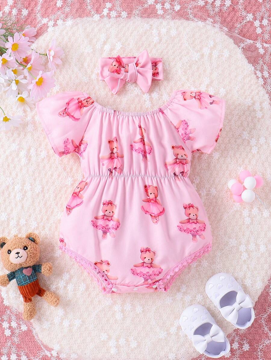 Baby Girl Bear Print Bodysuit & Headband - Pink - View 1