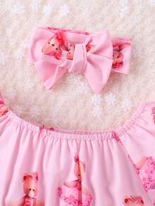 Baby Girl Bear Print Bodysuit & Headband - Pink - View 3