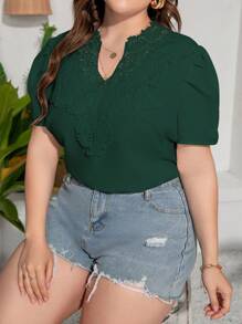 Calvaya Talla grande Blusa panel con encaje de cuello notch de manga farol - Verde - Ver 1