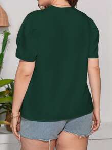 Calvaya Talla grande Blusa panel con encaje de cuello notch de manga farol - Verde - Ver 2