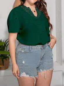 Calvaya Talla grande Blusa panel con encaje de cuello notch de manga farol - Verde - Ver 4