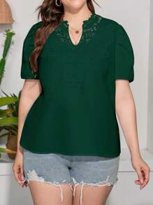 Calvaya Talla grande Blusa panel con encaje de cuello notch de manga farol - Verde - Ver 5