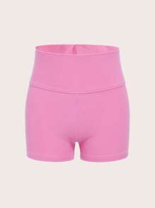SHEIN Girlism Adolescent Fille Short Cycliste Unicolore Taille Haute Côtelé - Rose bonbon - Voir 1