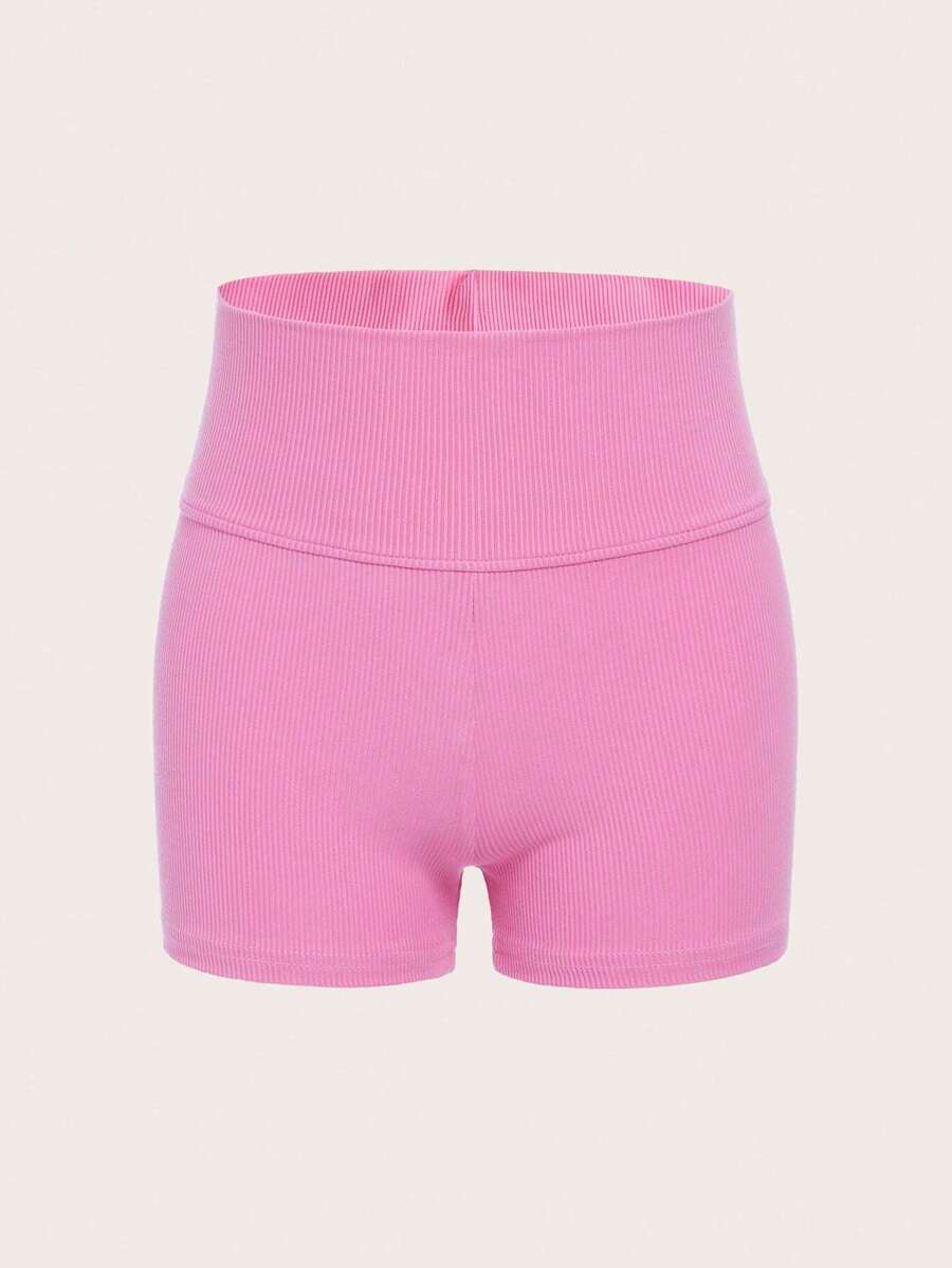 SHEIN Girlism Adolescent Fille Short Cycliste Unicolore Taille Haute Côtelé - Rose bonbon - Voir 1