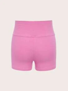 SHEIN Girlism Adolescent Fille Short Cycliste Unicolore Taille Haute Côtelé - Rose bonbon - Voir 2