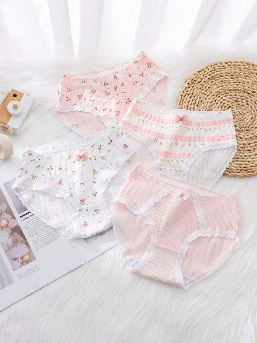 女大童4入組印花蕾絲邊內褲 - 彩色 - 查看 1