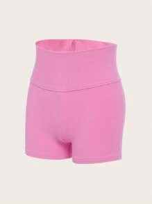 SHEIN Girlism Adolescent Fille Short Cycliste Unicolore Taille Haute Côtelé - Rose bonbon - Voir 3