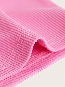 SHEIN Girlism Adolescent Fille Short Cycliste Unicolore Taille Haute Côtelé - Rose bonbon - Voir 4