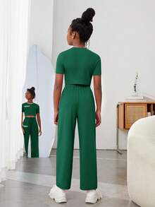 SHEIN Tween Girl Slogan Graphic Crop Tee & Drawstring Waist Trousers - Green - View 2